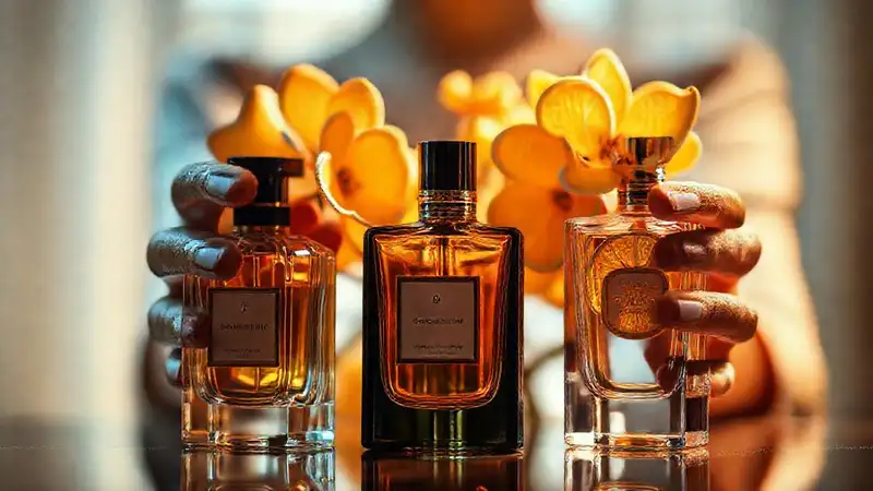 Perfume elegante en luz dorada