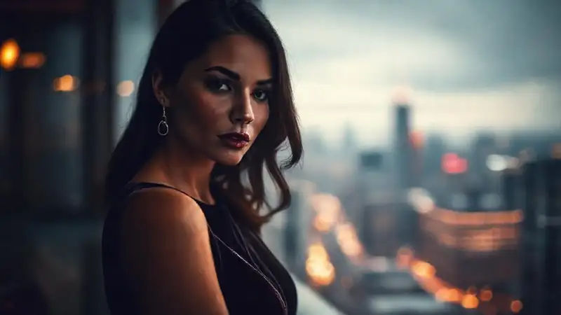 Mujer elegante en ambiente lujoso y misterioso