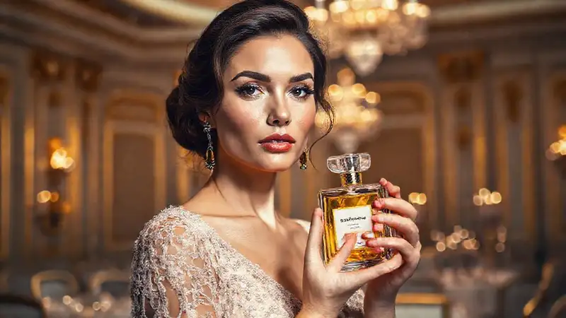 Glamourosa dama en un salón dorado