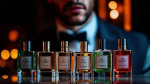 Un hombre elegante exhibe un perfume lujoso