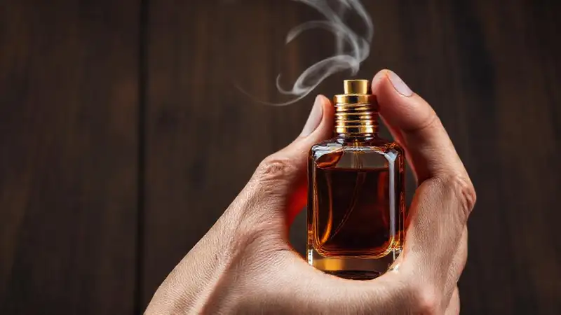 Una mano aplica perfume lujoso y suave