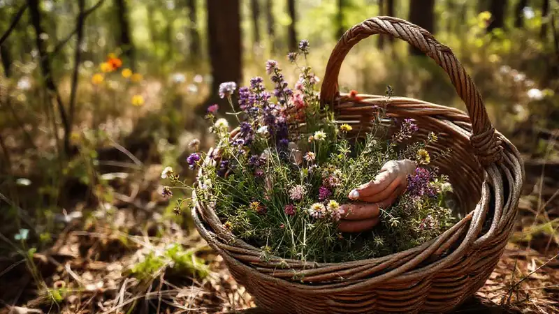 Recolectando flores silvestres en un bosque