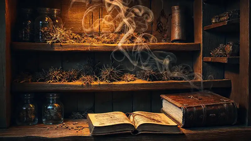 Un antiguo alchemist guarda hierbas secas
