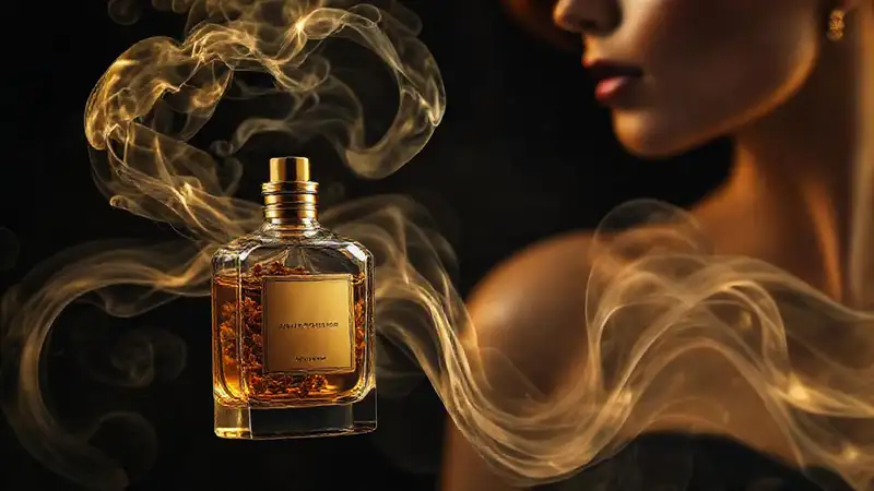 Perfume elegante en luz dorada