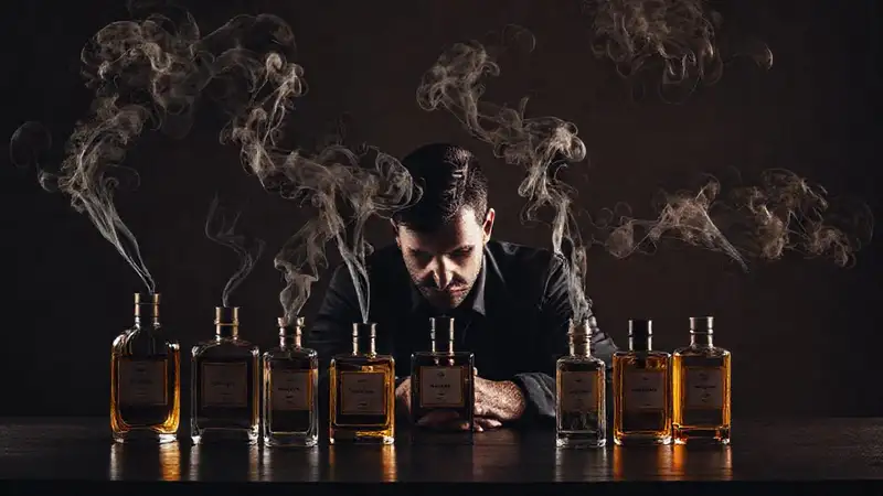 Un hombre reflexivo disfruta un perfume sutil