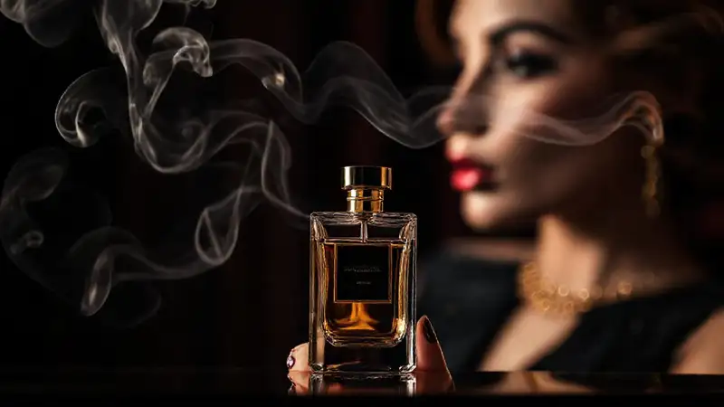 Perfume elegante en veludo dorado