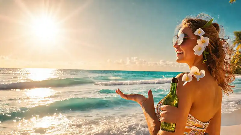 Una mujer feliz disfruta de la playa tropical