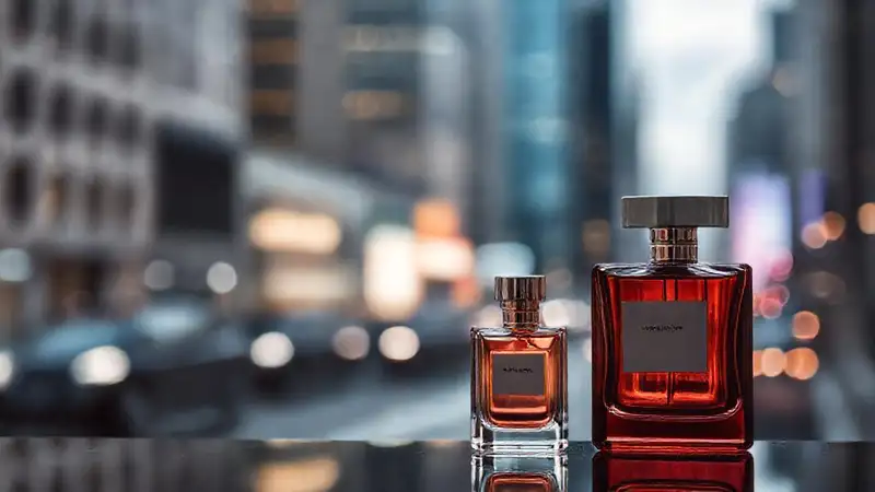 Frascos elegantes reflejan una ciudad difusa