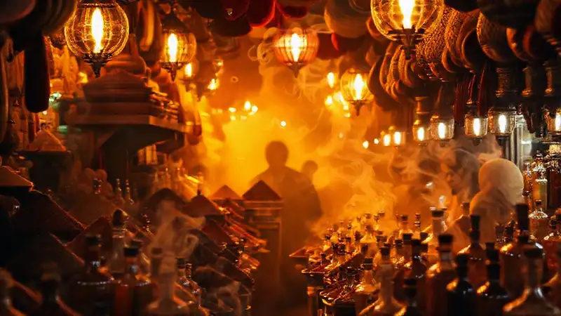 Mercado exótico de colores vibrantes y aromas