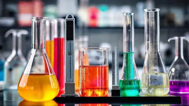 Laboratorio científico analiza líquidos coloridos