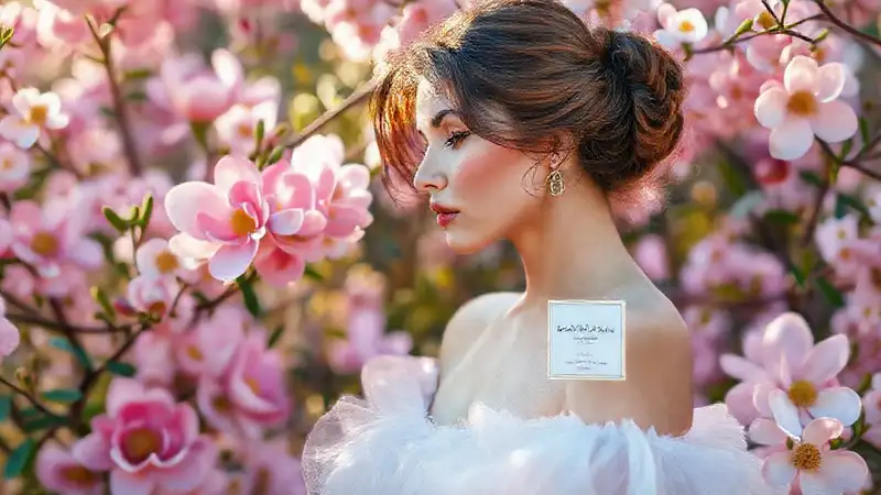Mujer elegante en jardín primaveral