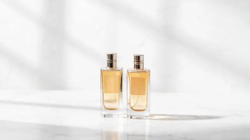 Perfume elegante crea sofisticada atmósfera blanca