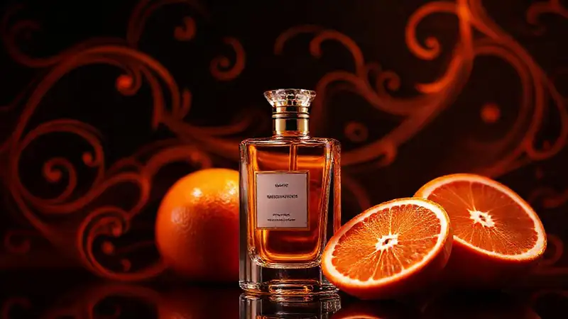 Botellas de perfume naranja lujosas y abstractas