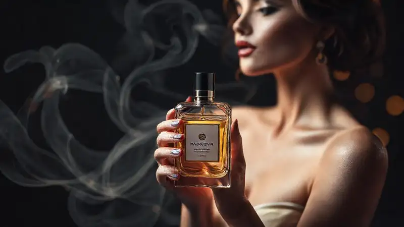 Una mujer elegante evoca lujo y fragancia