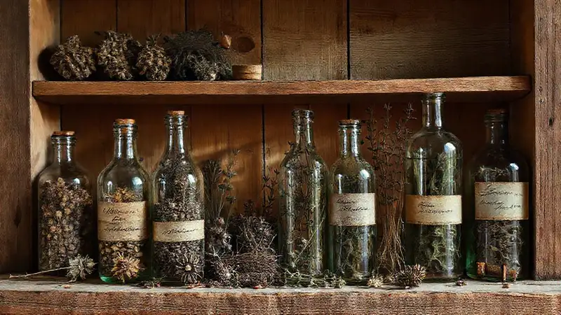 Botellas antiguas y hierbas en luz cálida