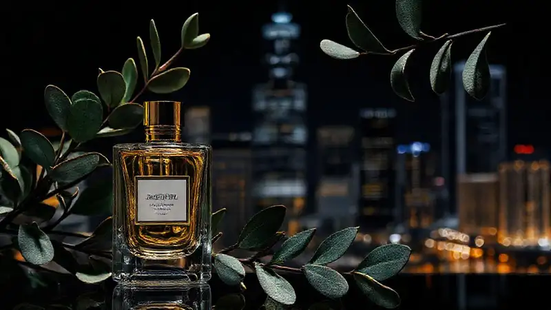 Perfume lujoso en escena urbana moderna